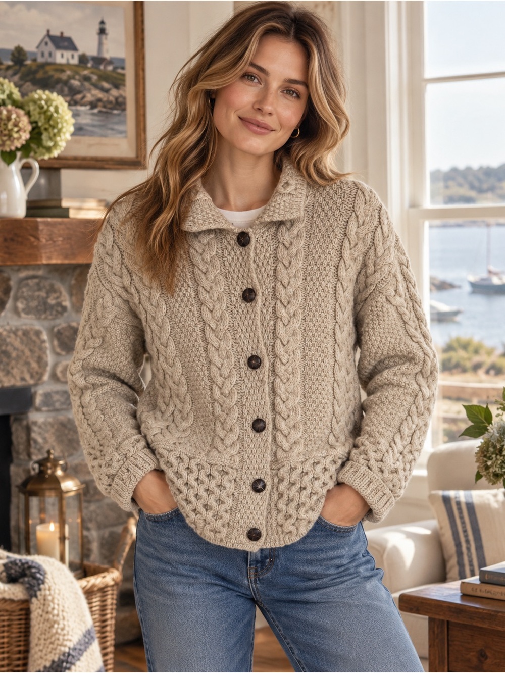 Aran Crafts Ireland 100% Wool Cable Knit Fisherman Cardigan Sweater S Irish Heri